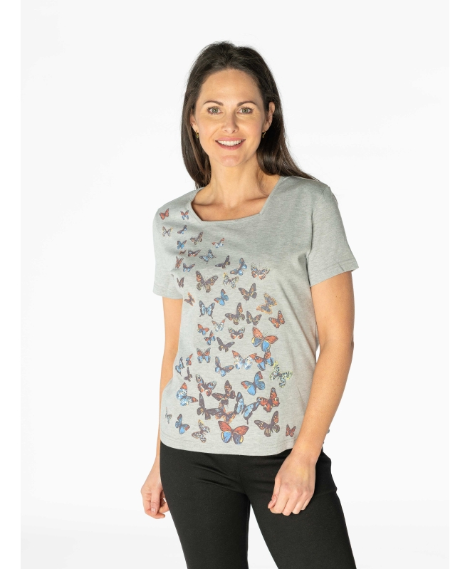 Butterfly Scatter Print Square Neck T-Shirt- TS29998