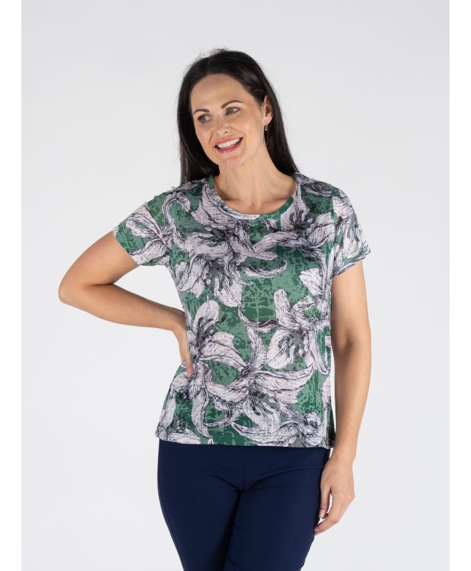 GREEN FLOWER PRINT T-SHIRT ROUND NECK