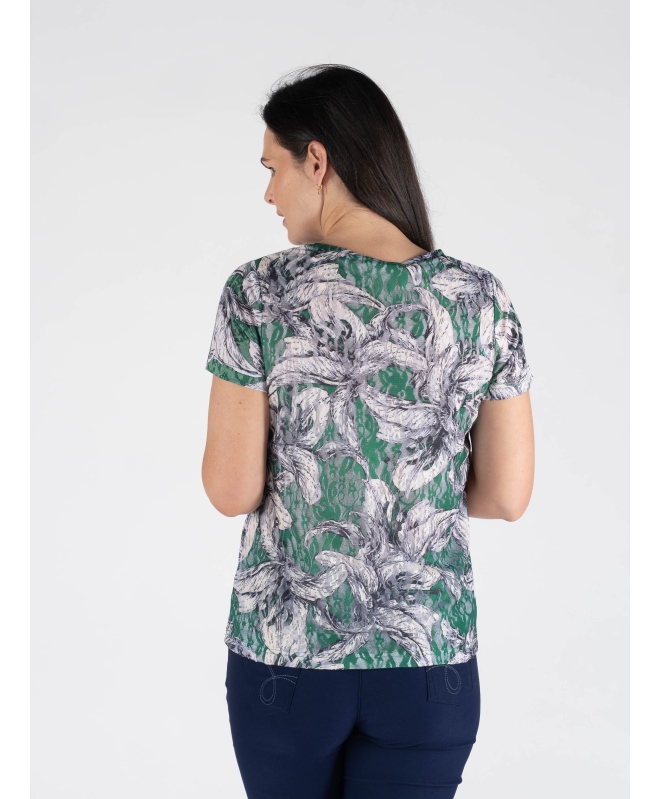 GREEN FLOWER PRINT T-SHIRT ROUND NECK