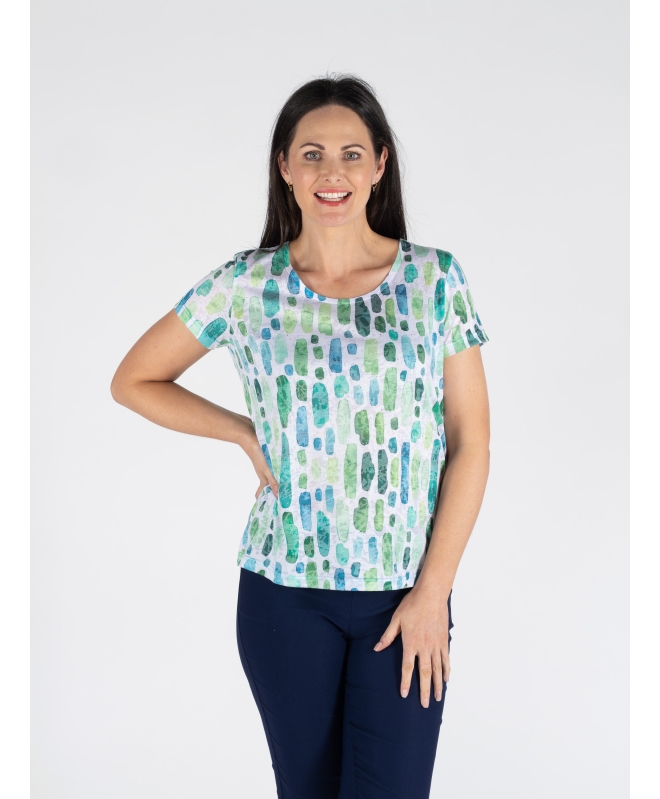 GREEN PRINT TSHIRT WITH LACE BACK NECK