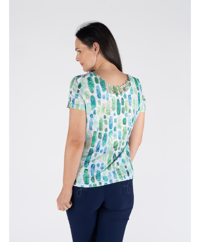 GREEN PRINT TSHIRT WITH LACE BACK NECK