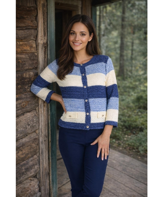 BLUE MULTI STRIPE CARDI POCKET DETAIL 3/4