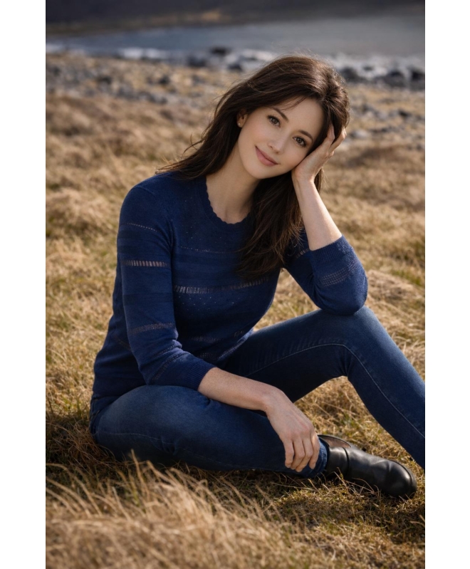 NAVY TEXTURED JUMPER ROUND NECK WITH 3/4 SLEEVE