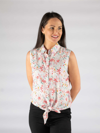 Red Yellow Printed dobby sleeveless blouse with collar and side splits