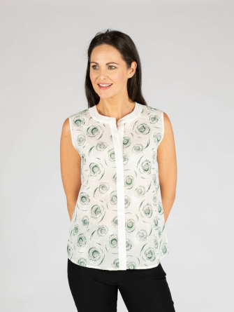 White Green sleeveless swirl print blouse with round neck