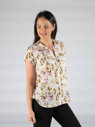  PINK Faded floral blouse with round neck short sleeve