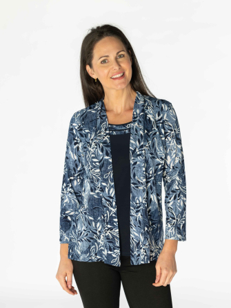 Blue print mock cardigan with contrast trim round neck and  3/4 sleeve 