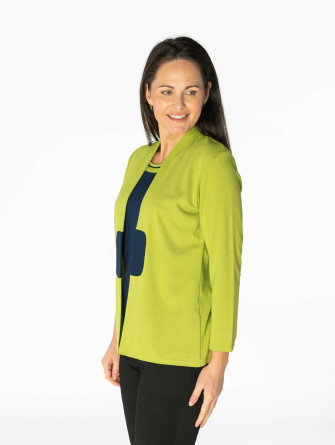 mock cardigan with contrast panel and insert with round neck and 3/4 sleeve