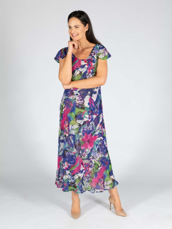 Purple Print Reversible Printed Dress With Cap Sleeve
