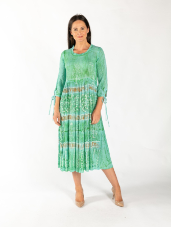 Turq Lime Print Tie Dye Round Neck Dress 3/4 Sleeve With Ties