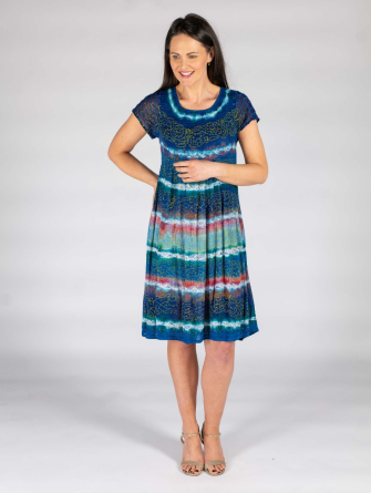 Navy multi Tie dye print round neck dress with short chiffon embroidered sleeve 41"