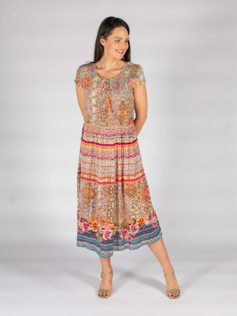 Peach multi Border print dress with cap sleeve round neck and tie detail