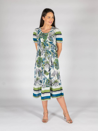  grey multi Leaf print dress with stripe border round neck and short sleeve