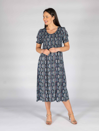 Paisley print round neck short sleeve dress with elastication