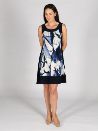 Blue Print contrast Panel Sleeve-less Dress