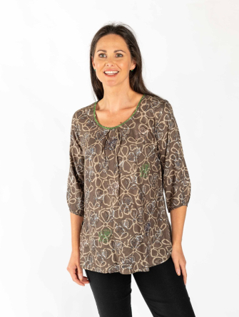 Flower Print round neck tunic with embroidery and 3/4 sleeve