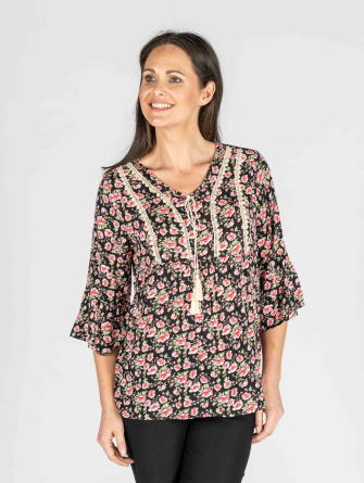  BLACK PINK Floral print tunic with lace trim and 3/4 sleeve