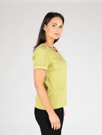 Lime Lace Trim Rib T Shirt Round Neck Short Sleeve