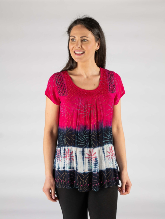 Cerise Navy Print Tie Dye with Short Sleeve and Round Neck Top 