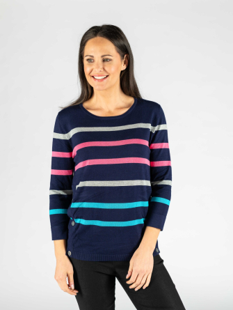 Multi stripe jumper with side button placket round neck and 3/4 sleeve