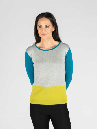 Colour block jumper with stripe back round neck and 3/4 sleeve