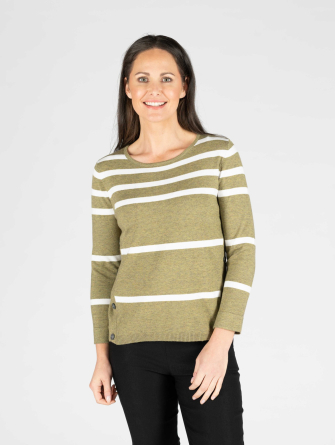 Green White Stripe jumper with side button placket round neck and 3/4 sleeve