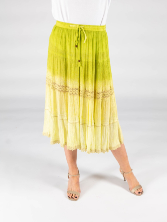 Lime Ombre skirt with embroidery and lace trim elasticated waist and tie 29 inch