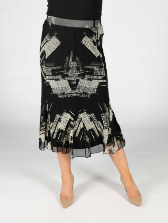 Black Print block print lined  skirt with elasticated waist and godets