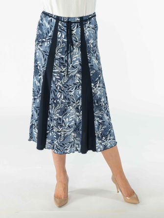 Blue print skirt with elasticated waist contrast panels and tie belt