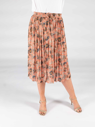 Peach navy floral print Crinkle Elasticated waist skirt
