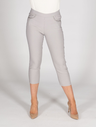 Silver 22 inch Leg Embroidered Pocket Cropped Trouser With Hotfix Hem