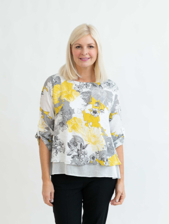  GREY YELLOW floral print layered top round neck 3/4 sleeve