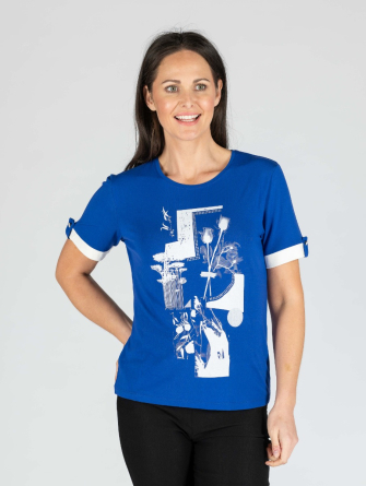  COBALT Top With Contrast Cuff Round Neck And Short Sleeve