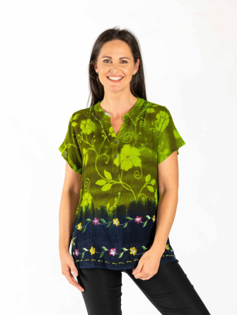 Lime navy Printed Tie Dye Short Sleeve Round Neck Top With Button Placket