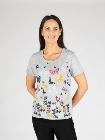  GREY MULTI butterfly print poly cotton T shirt round neck short sleeve