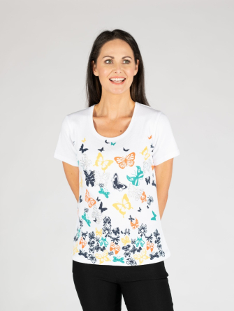  WHITE butterfly print poly cotton T shirt round neck short sleeve