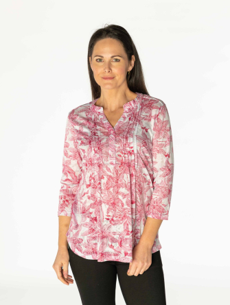Floral print button placket top round neck 3/4  sleeve