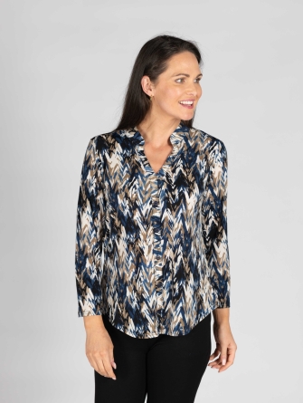 Abstract print top with button placket 3/4 sleeve