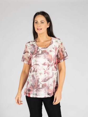 floral Print burn out Tshirt with lace front round neck short sleeve