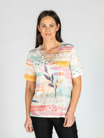 Abstract print knitted multi print Tshirt with lace panel round neck short sleeve