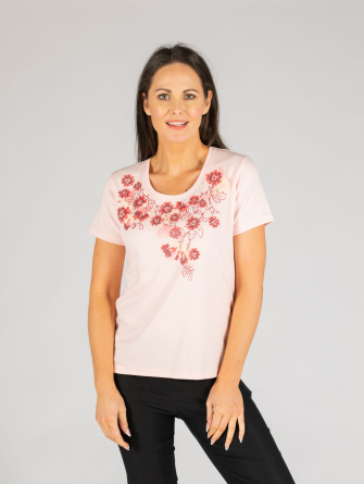 Pink Flower Print Poly Cotton T Shirt Round Neck Short Sleeve