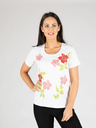  WHITE PINK Bold Flower Print Poly Cotton T Shirt Round Neck 