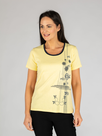 Lemon navy Flower Swirl Print Poly Cotton T Shirt with Round Neck & Short Sleeve