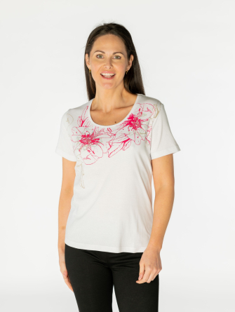 Linear flower print round neck short sleeve T shirt