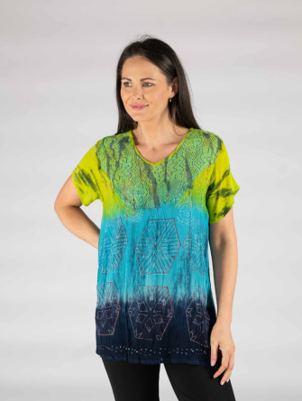  TURQ LIME Printed Tunic With Lace Panel V Neck Short Sleeve