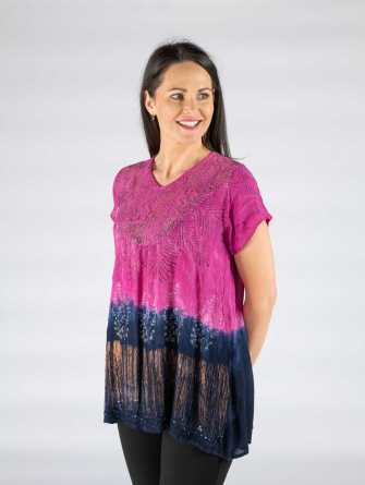 Pink navy Printed tunic with lace panel V neck short sleeve