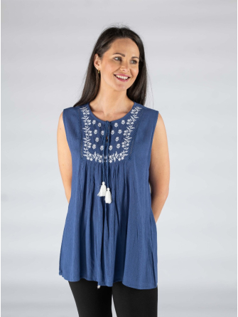 DENIM WHITE Sleeveless crinkle tunic top with embroidery and neckline tie