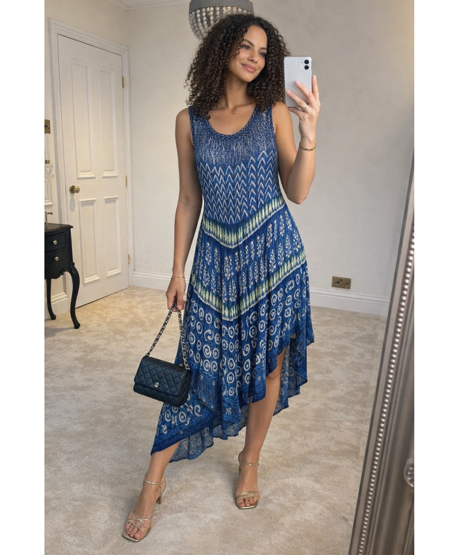 Denim Tie dye print sleeveless round neck dress.