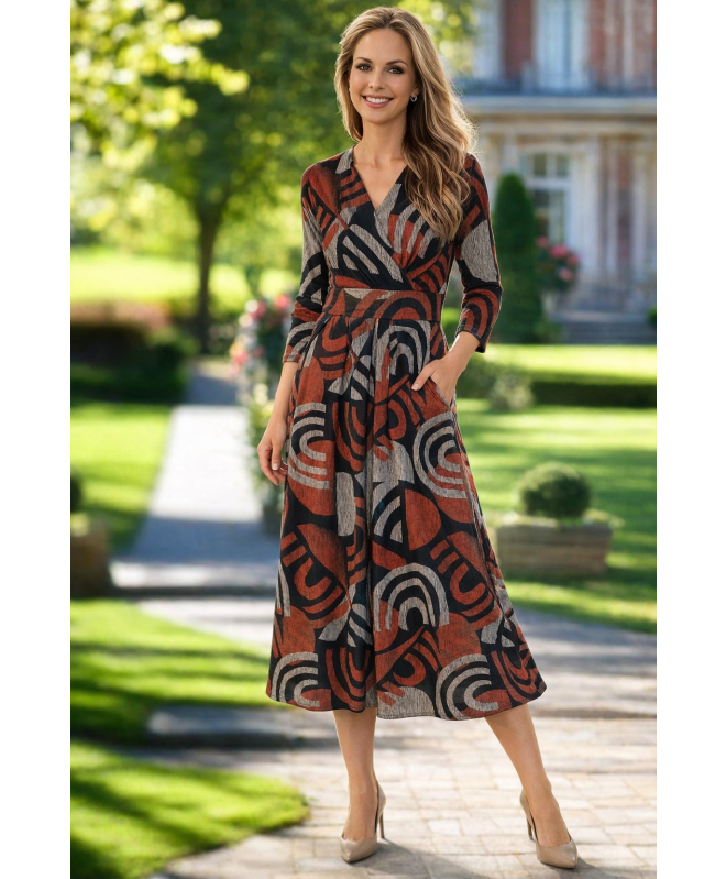 V-NECK CROSS OVER PRINTED DRESS LONG SLEEVE