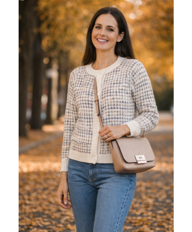 Fluffy Chechered Cardigan With Front Button